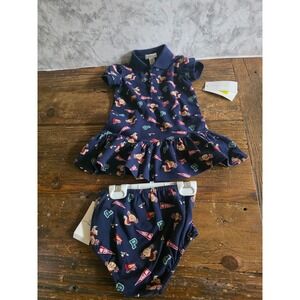 Ralph Lauren Baby Girls Navy Polo Bear Cheerleader Dress & Diaper Cover Set 12M